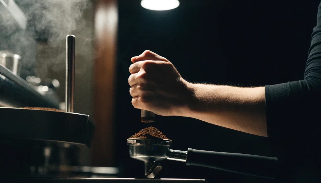 Barista tamping coffee at the dark counter of a Katowice coffee house