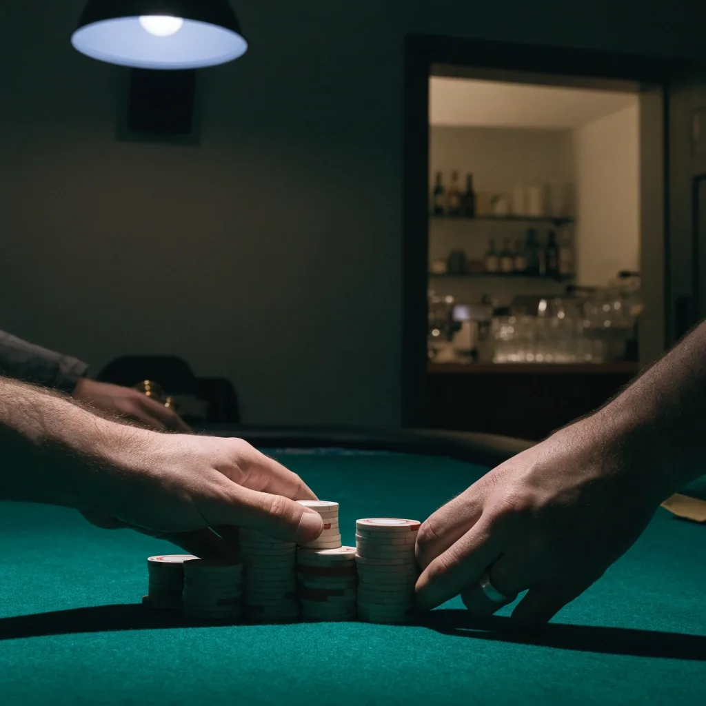 Stół pokerowy w wydzielonej sali z żetonami w świetle jednej lampy